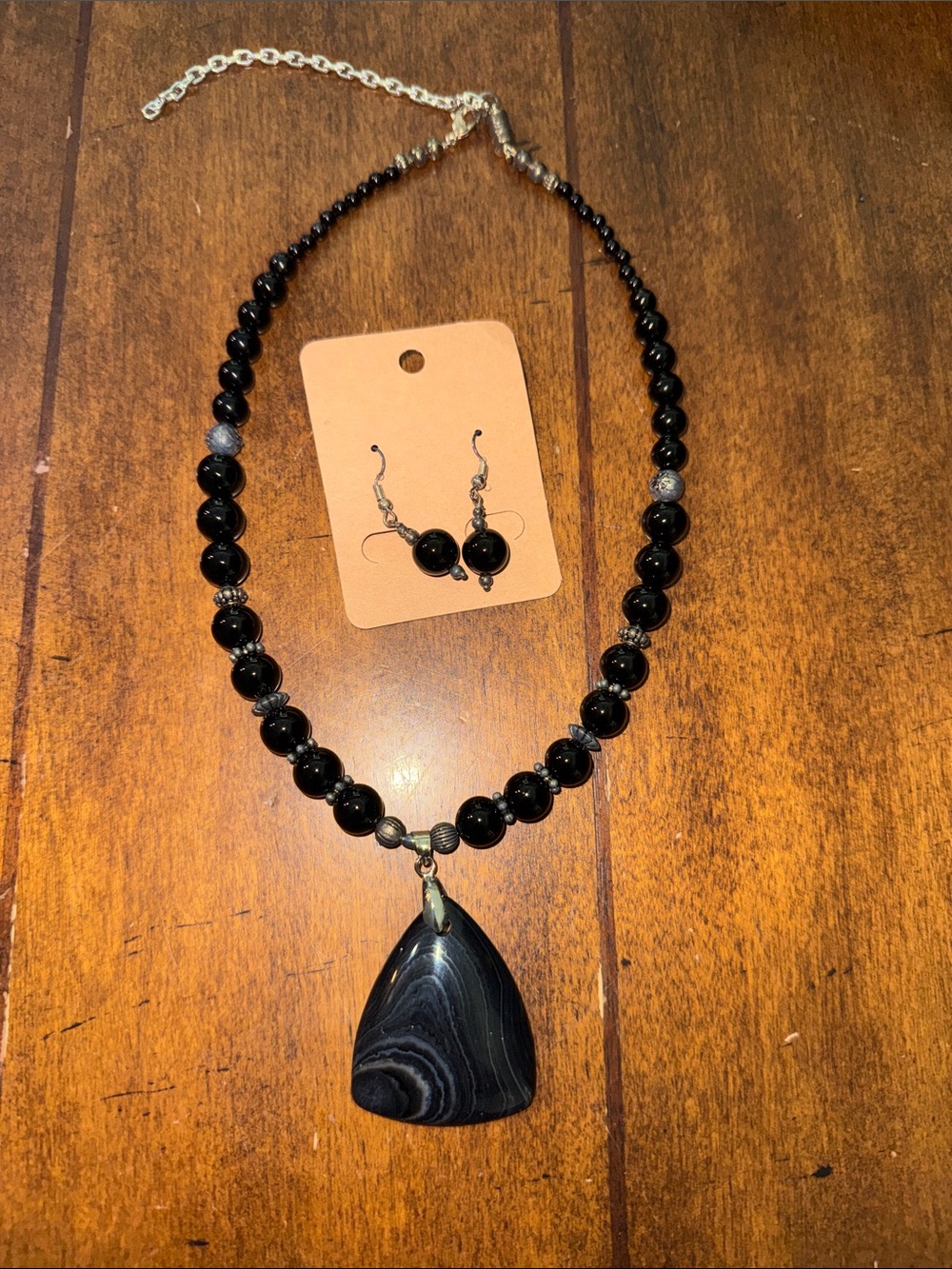Black Agate Pendant Beaded Necklace with Matching Earrings
